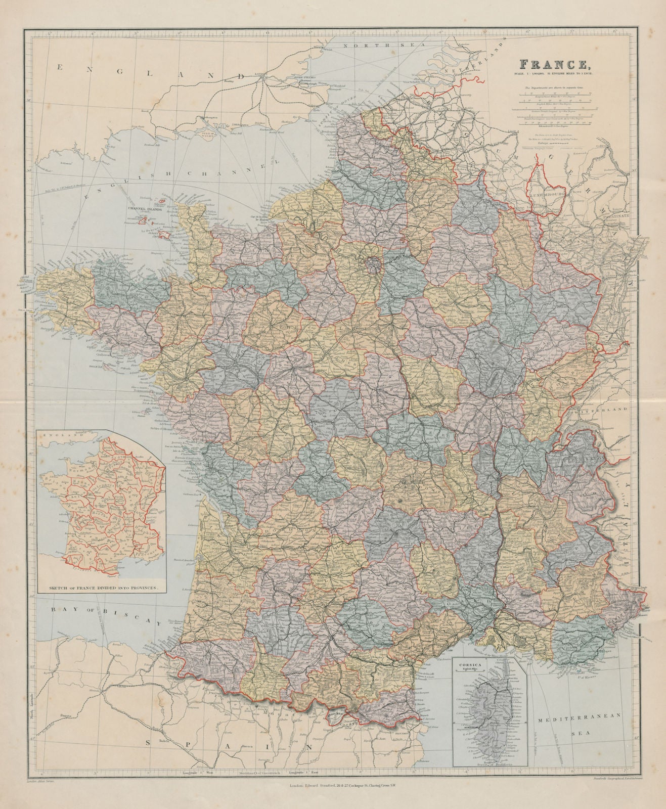 France in departements without Alsace Lorraine. Large 65x54cm. STANFORD 1894 map